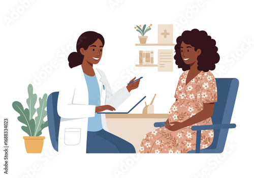 Caring doctor discusses healthy pregnancy with expectant mother during consultation in modern clinic setting