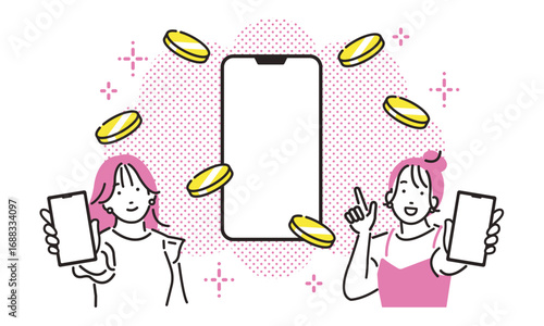 スマホの画面を見せる若い女性たちとスマホとコインイメージ