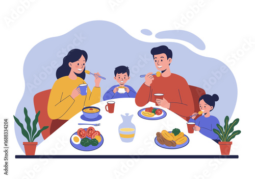 Joyful family sharing a healthy meal together at the dining table, creating lasting memories and connection during breakfast or dinner.