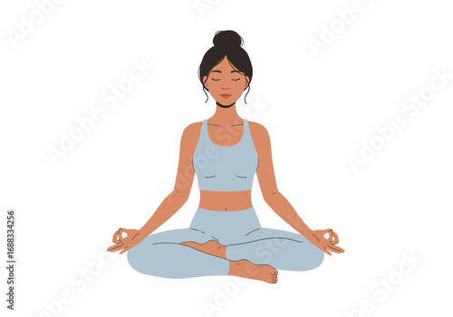 Serene woman meditating peacefully in lotus pose, finding inner calm and mindfulness for well-being and balance in a tranquil setting.