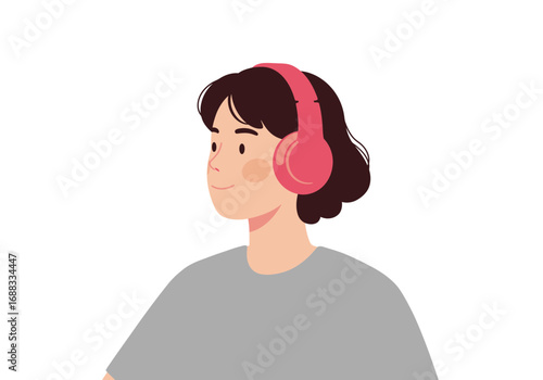 Joyful young person wearing pink headphones immersed in music, conveying a sense of modern leisure and personal escape