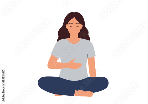 Woman peacefully meditating and practicing deep breathing exercises for mindfulness and relaxation in a calm, serene posture
