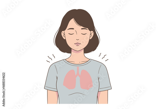 Young woman experiencing chest discomfort with visible lungs and wavy lines indicating pain or unease
