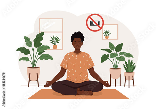 Man finding inner peace practicing mindfulness meditation surrounded by calming houseplants, disconnecting from digital distractions for mental wellness.