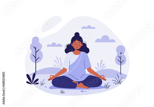 Serene woman finds inner peace meditating outdoors, embracing mindfulness and calm in a tranquil natural setting for wellness.