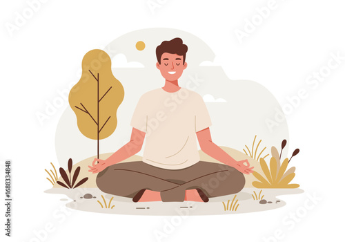 Man finding inner peace meditating outdoors, embracing tranquility and mindfulness in a serene natural setting, achieving calm