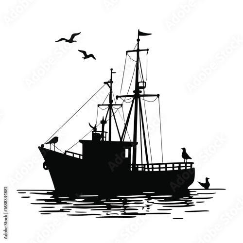 Black silhouette of a fishing boat with seagulls on water