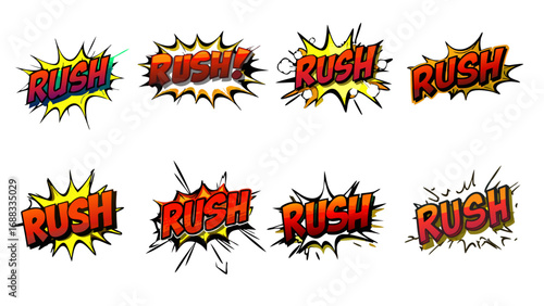 Colorful Comic Style Rush Text With Expressive Designs and Starbursts