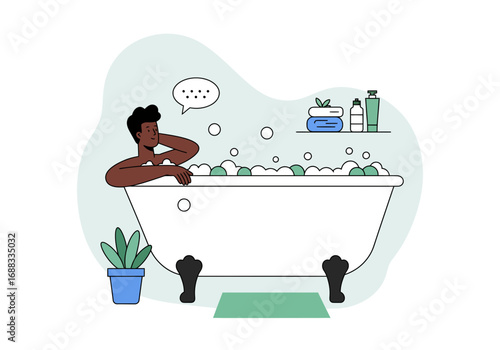 Man relaxing in a bubbly bathtub enjoying a moment of calm and self-care, a perfect illustration for wellness and relaxation themes