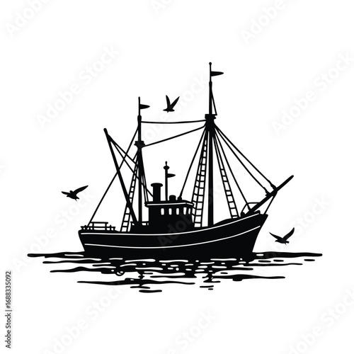 Black silhouette of a fishing trawler at sea with seagulls