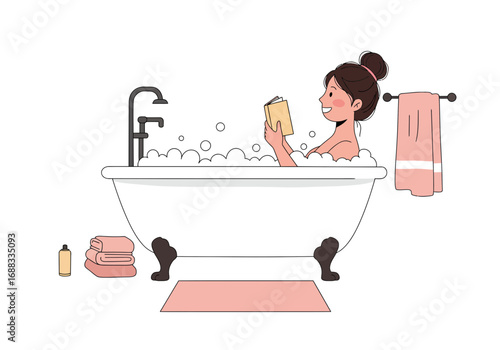 Joyful woman relaxing in bubbly bathtub reading a book, embracing peaceful self-care moments for ultimate serenity and rejuvenation.