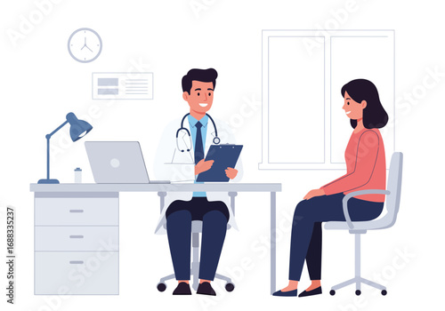 Friendly doctor consults patient in modern medical office, discussing health and wellness with care and professionalism