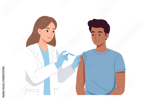 Caring nurse administering vaccine to smiling patient, promoting health and medical care with gentle professionalism and trust