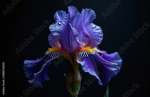 Wallpaper Mural Close-up macro photo of vibrant purple iris flower with water droplets on petals. Bloom delicate texture, intricate details, set against dark, contrasting background, enhancing beauty, color. Torontodigital.ca