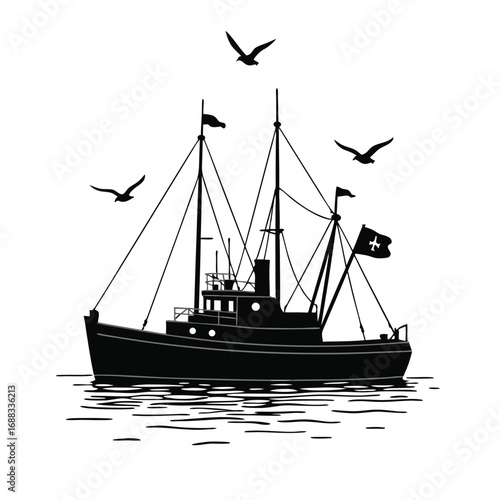 Black silhouette of a fishing trawler with seagulls