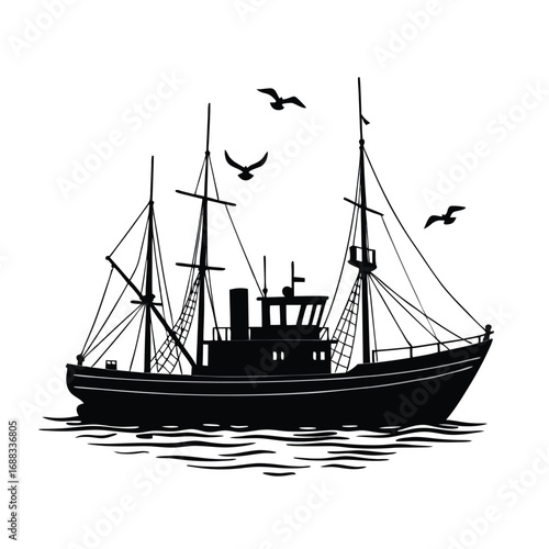 Black silhouette of a fishing trawler with seagulls 