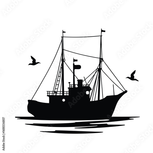 Black silhouette of a fishing trawler with seagulls