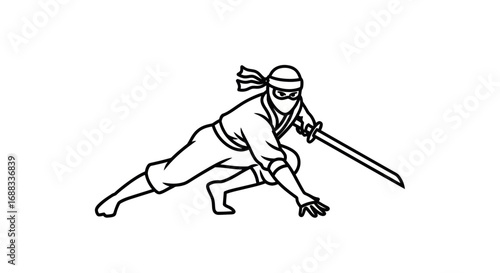 Ninja Warrior with Katana Sword in Action Pose, Black and White Illustration.