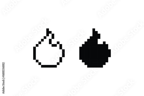 Pixel art flame icon in black and white. Retro fire symbol for gaming and digital style.
