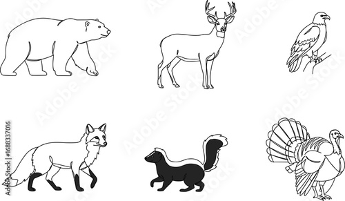 Wild forest animals vector illustration, bear deer fox skunk turkey eagle collection, wildlife silhouette and outline icons, nature design elements, woodland creature graphics
