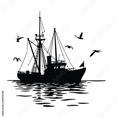 Black silhouette of a fishing trawler with seagulls