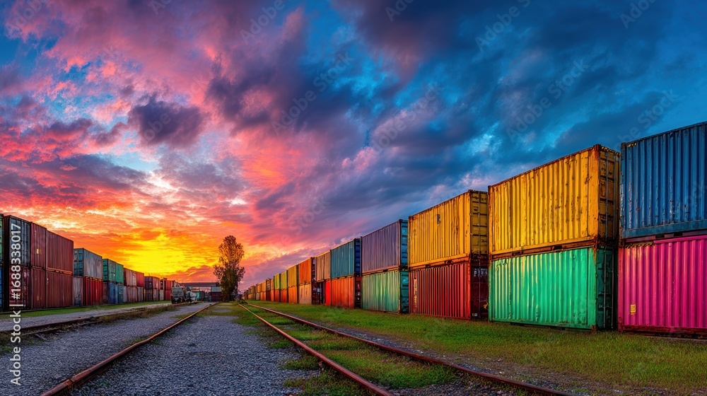 Fototapeta premium Colorful shipping containers line both sides of a railway at sunset under a dramatic, vibrant sky