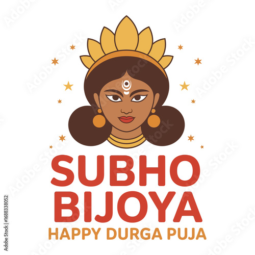 Subho bijoya happy durga puja illustration of goddess durga face with floral crown and text