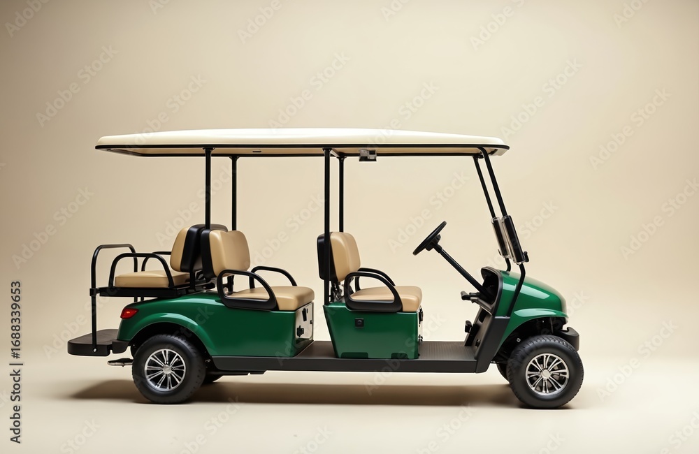 Fototapeta premium Green four-passenger golf cart with tan seats, white canopy. Electric vehicle offers comfortable ride for golf courses, resorts, property tours. Battery-powered design ensures eco-friendly