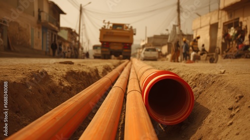 Large orange pipes are being installed in a trench on a city street, with construction vehicles and workers in the background