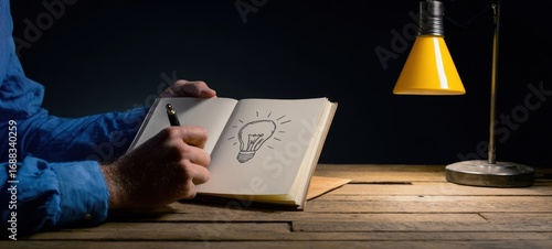The notebook with a sketched lightbulb under a warm lamp on wooden desk