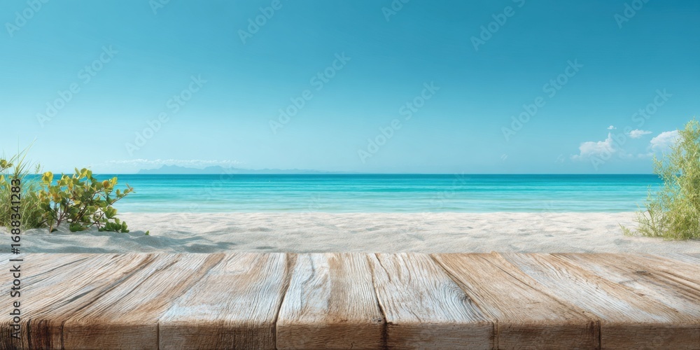 Fototapeta premium Wooden table on a sandy beach with turquoise ocean and clear sky