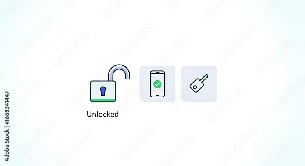 Obraz premium Simple modern graphic illustrating the concepts of unlocking and security, featuring icons for a lock, mobile device, and key on a clean white background