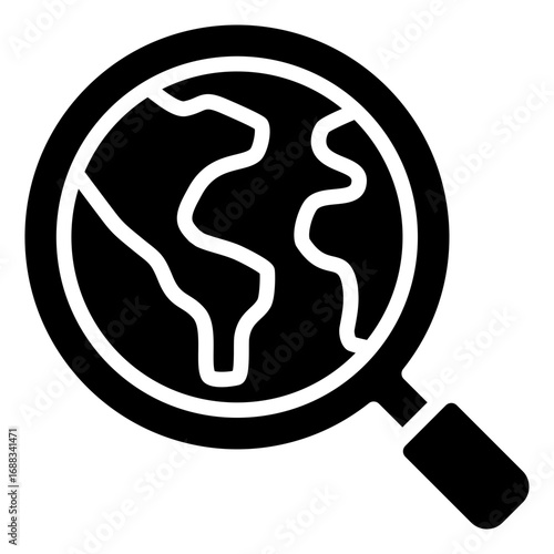 Global Search Glyph Black Silhouette Icon Design Vector - Magnifying glass with globe, representing worldwide search, global research, or earth exploration