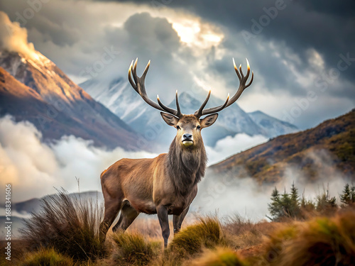 Majestic stag with impressive antlers stands proudly against a backdrop of dramatic scottish highlands scenery