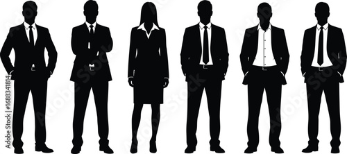 Silhouettes of business professionals standing in formal attire, corporate teamwork illustration showing office staff, leadership, organization, and collaboration concept design.