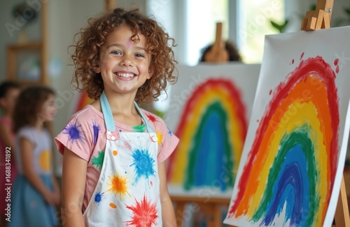 Joyful young boy with curly hair smiles in art class, wearing paint-splattered smock. Created colorful rainbow painting on canvas at school. Education activity fosters creativity, learning,