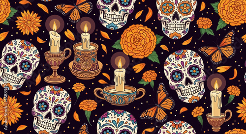 Day of the Dead Sugar Skulls and Marigolds Seamless Pattern.