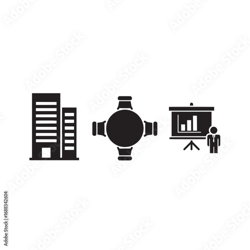 Business and Industry Icons Buildings, Connections, and Presentations Representing Growth and Development