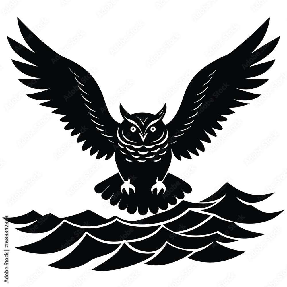 Obraz premium Adobe IllustStunning close-up of a snowy owl gliding low over an icy tundra, eyes locked on viewer, pale winter sun. raptor Artwork Etching illustration of an angry Great Horned Owl 