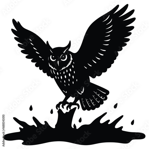Adobe IllustStunning close-up of a snowy owl gliding low over an icy tundra, eyes locked on viewer, pale winter sun. raptor Artwork Etching illustration of an angry Great Horned Owl
