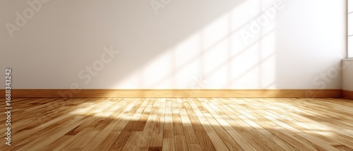 Sunlight streams through a window onto a clean, empty room with polished wooden floors and white walls