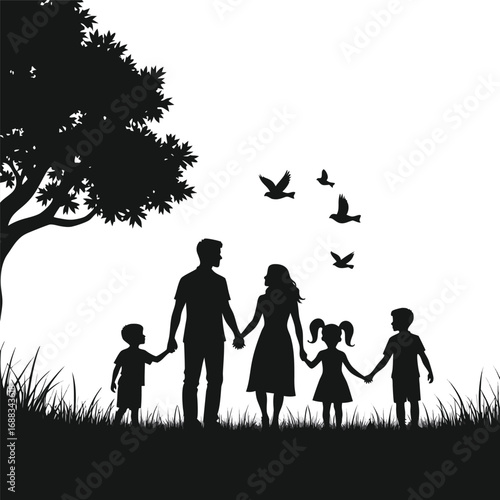 Silhouette family holding hands under a tree with birds flying