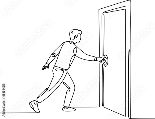 Man opening door one line drawing simple modern art concept of opportunity and new beginnings