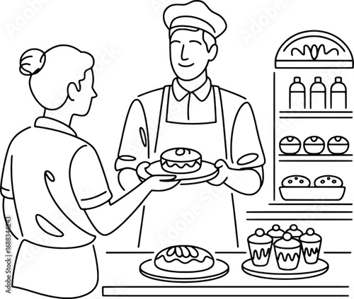Baker presents freshly made pastries to customer inside cozy bakery shop