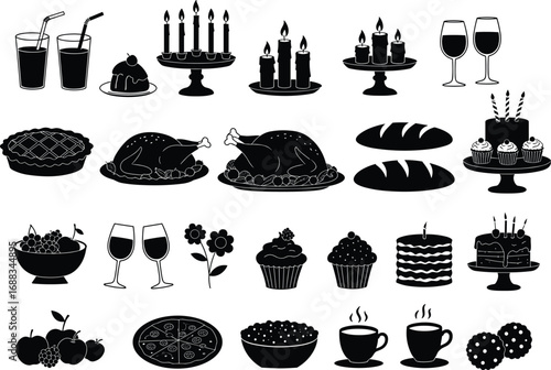 Silhouette Vector Set of Holiday Food, Drinks, Cakes, Candles, and Festive Elements for Celebration, Dinner, Party, and Decoration Use