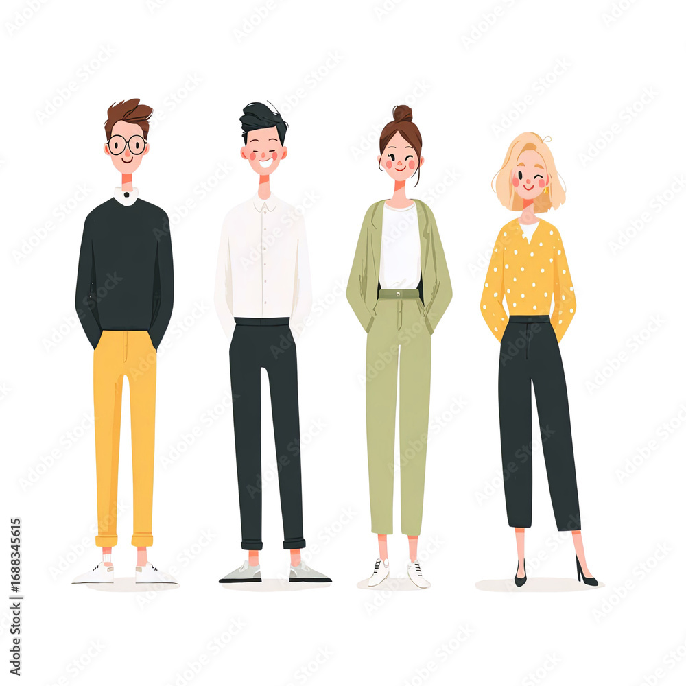 Fototapeta premium Four diverse friends standing confidently in stylish outfits, showcasing friendship.