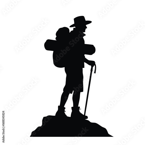 Silhouette of hiker with backpack and trekking pole on rocky outcrop