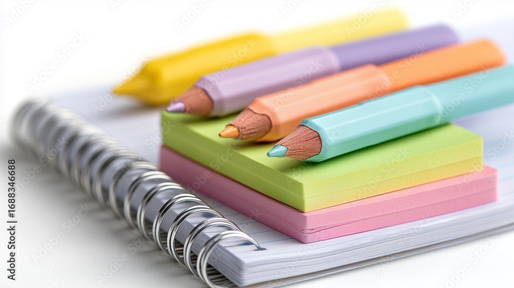 Fototapeta premium Pastel Pencils and Sticky Notes on a Notebook