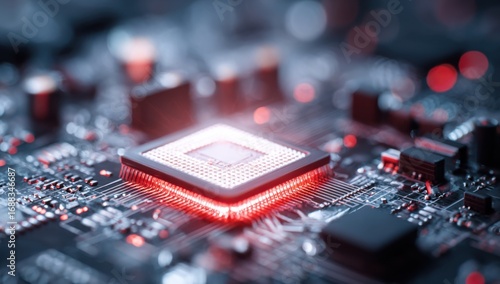 Close-up of a central processing unit (CPU) on a circuit board, highlighted with red-orange glow
