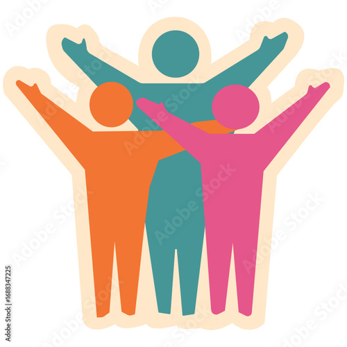 Colorful team building sticker vector illustration with group of people holding hands in unity, symbolizing collaboration, teamwork, and corporate bonding activities